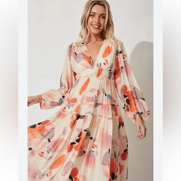 Puff Sleeve Floral Maxi Bohemian V Neck Tiered Casual Tiered Summer Maxi - Picture 3 of 16